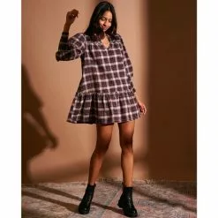 Best Pirce 🌟 Chelsea & Violet Plaid Print Smocked Yoke Long Sleeve Tiered Ruffle Hem Mini Shift 👍 Dress Ivory Multi ❤️ -Chelsea Violet Sales unnamed file 985