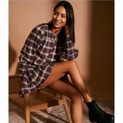 Best Pirce 🌟 Chelsea & Violet Plaid Print Smocked Yoke Long Sleeve Tiered Ruffle Hem Mini Shift 👍 Dress Ivory Multi ❤️ -Chelsea Violet Sales unnamed file 986